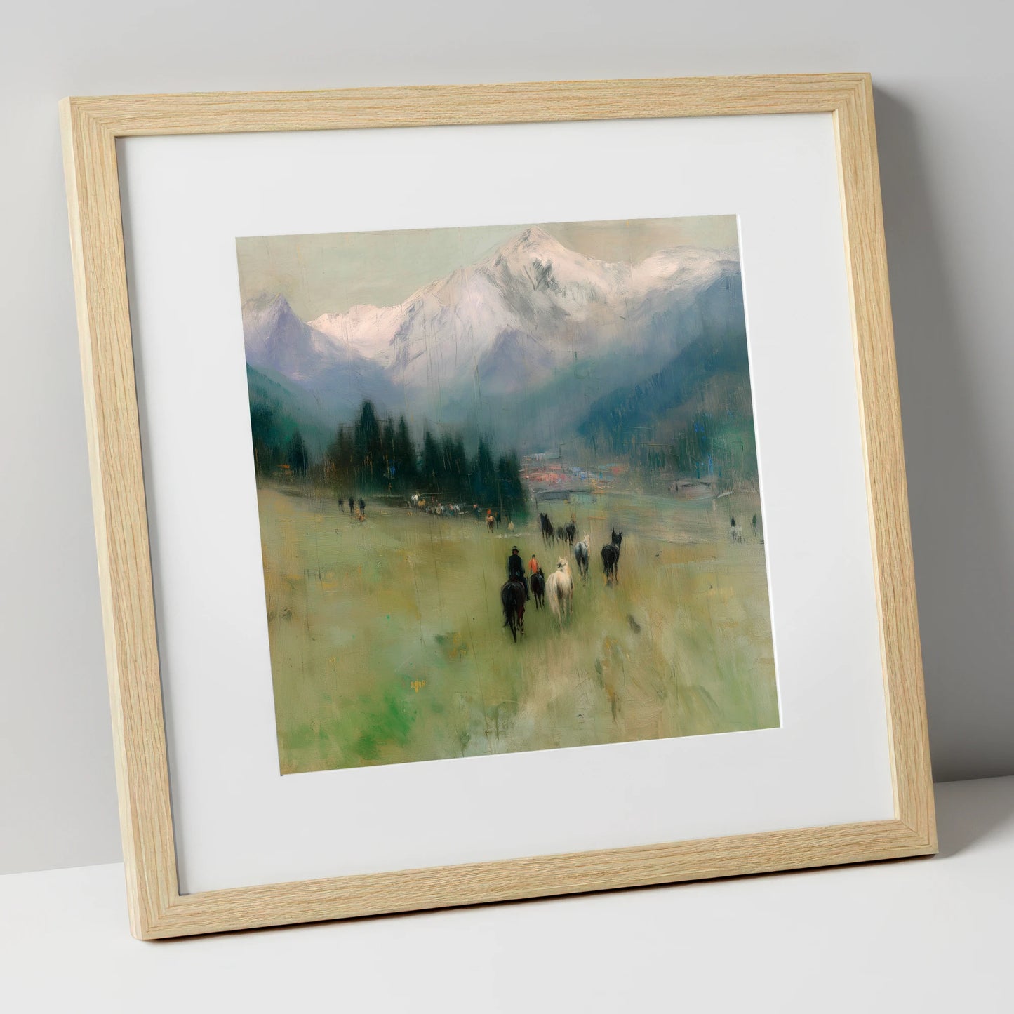 Distant Valley Ride horse landscape art print in natural frame