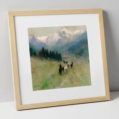 Distant Valley Ride horse landscape art print in natural frame