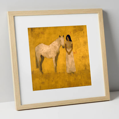 The Golden Bond horse & rider art print in natural frame