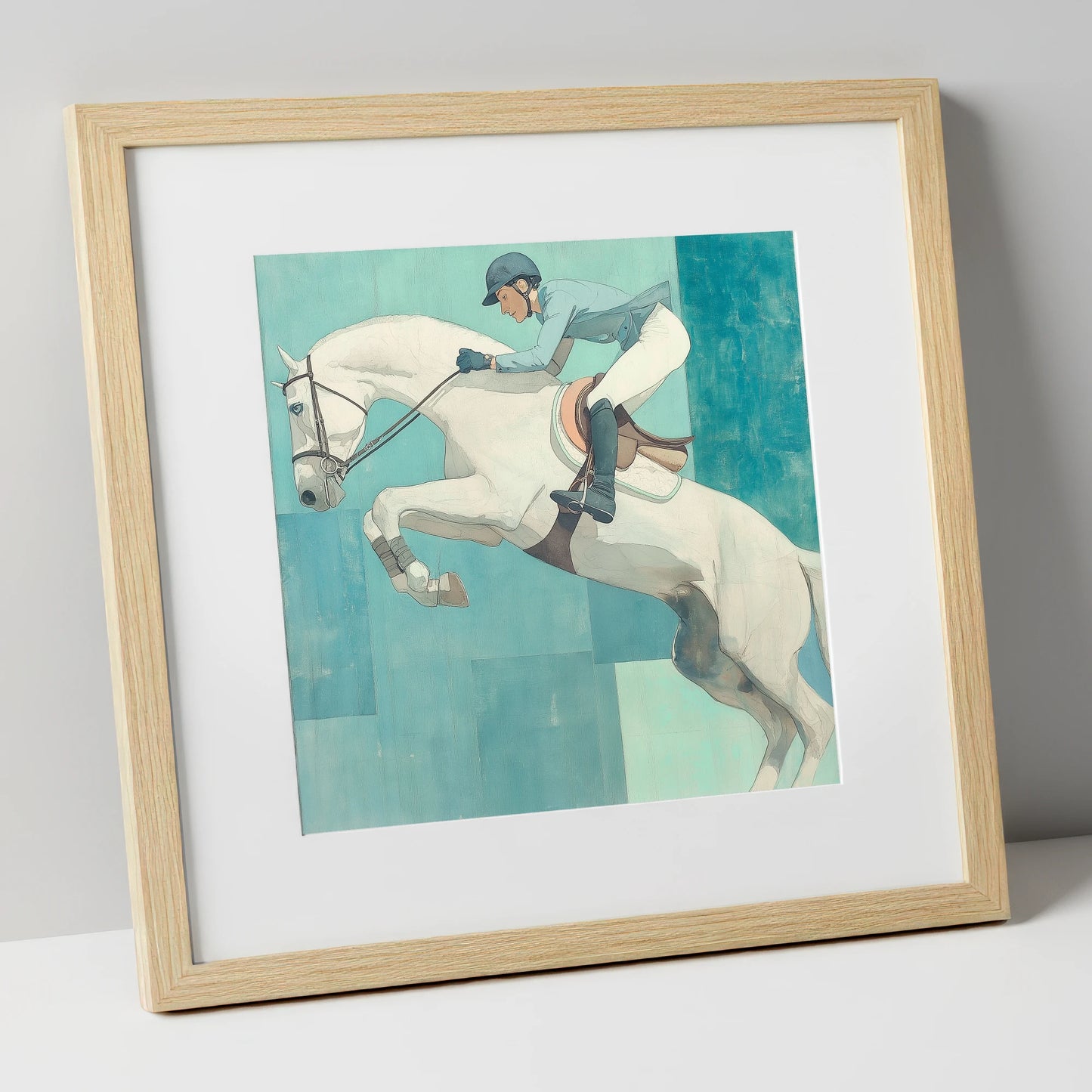 Aquamarine Flight show jumping horse art print in natural frame