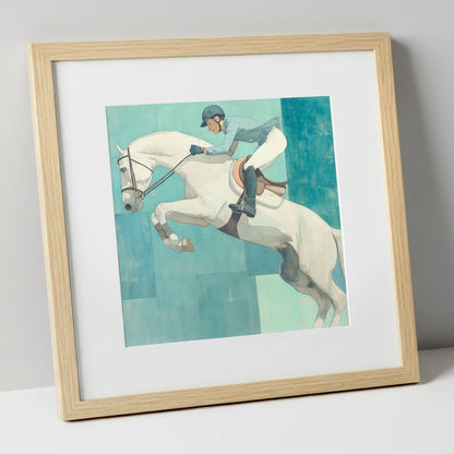 Aquamarine Flight show jumping horse art print in natural frame