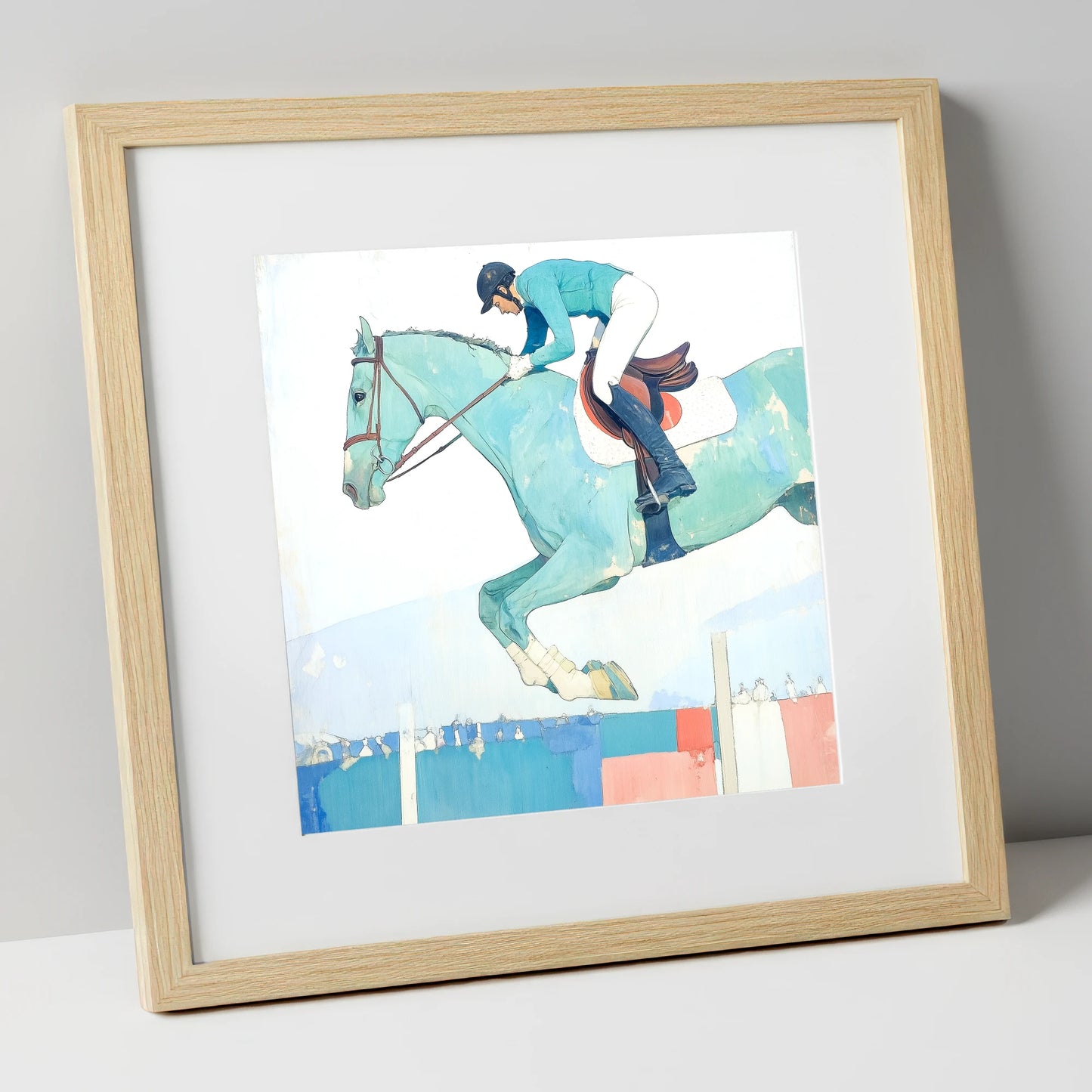 Aquamarine Ascent show jumping horse art print in natural frame