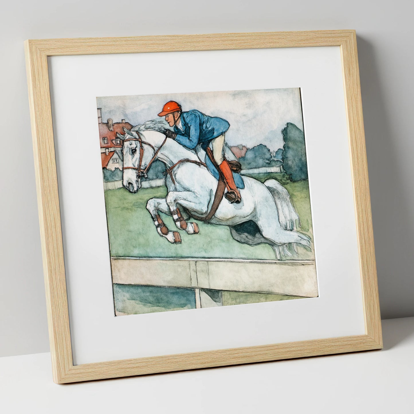 Clearing the Timber show jumping horse art print in natural frame