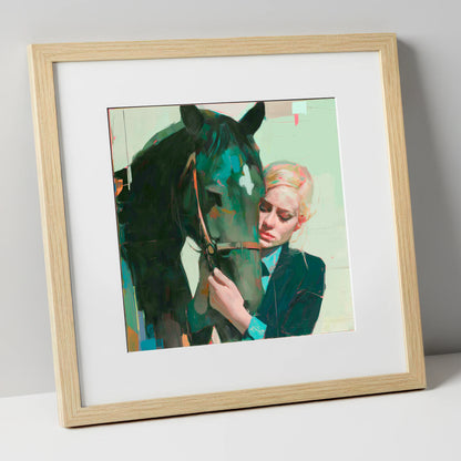 Quiet Connection horse & rider art print in natural frame