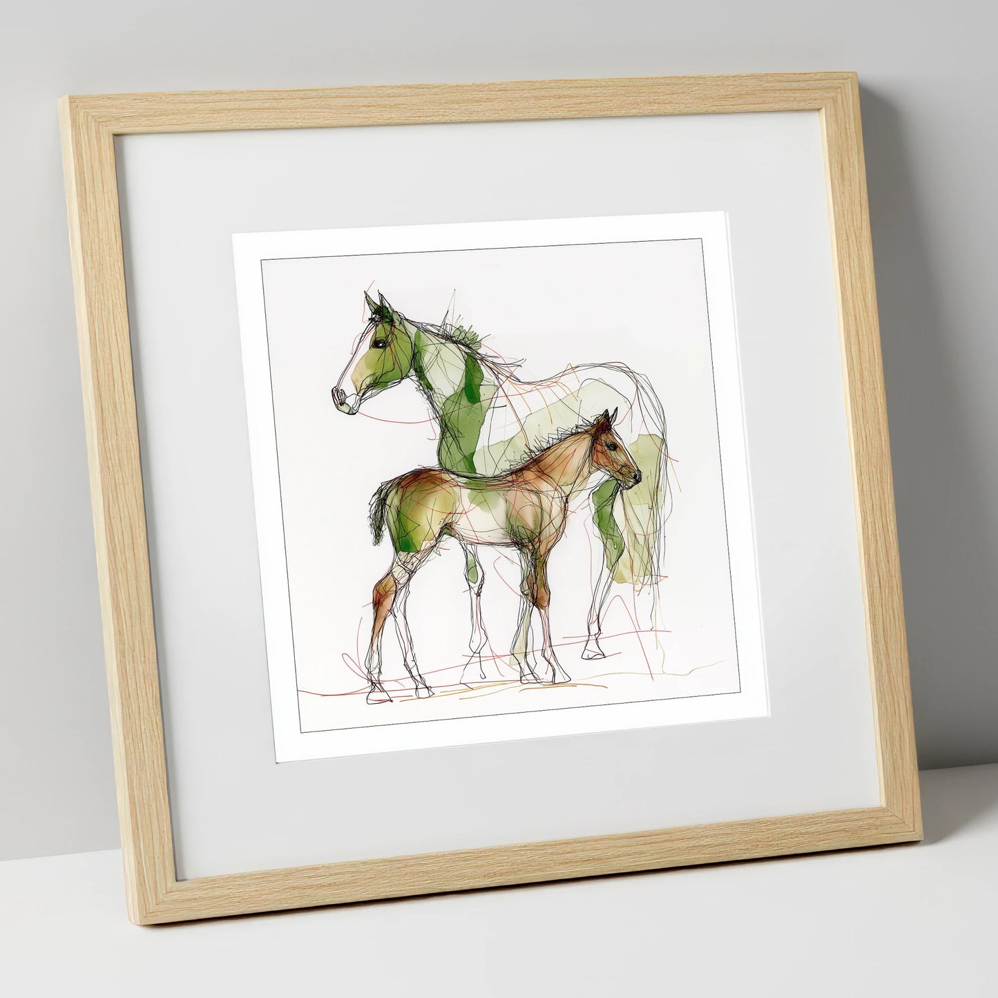 Lines of Kinship mare & foal art print in natural frame