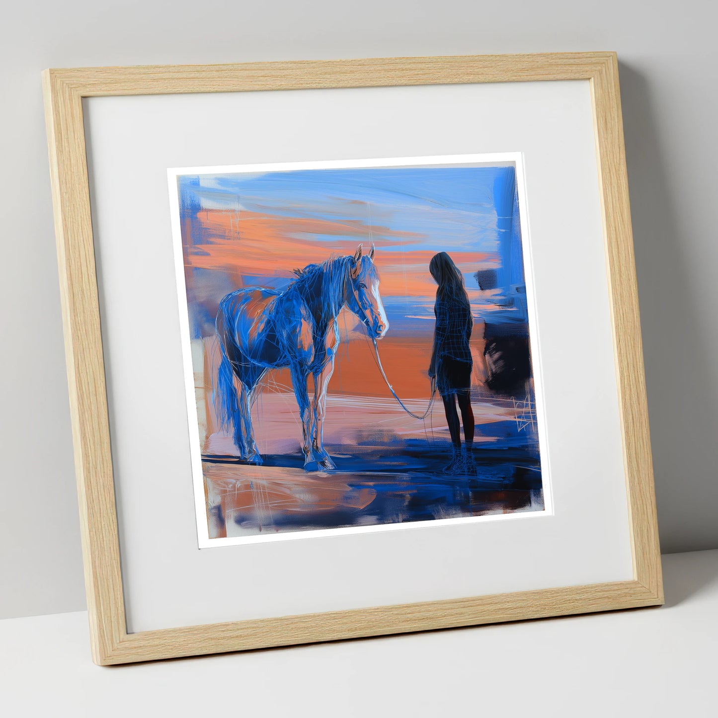 The Quiet Language horse & rider art print in natural frame