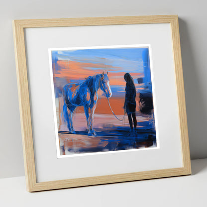 The Quiet Language horse & rider art print in natural frame