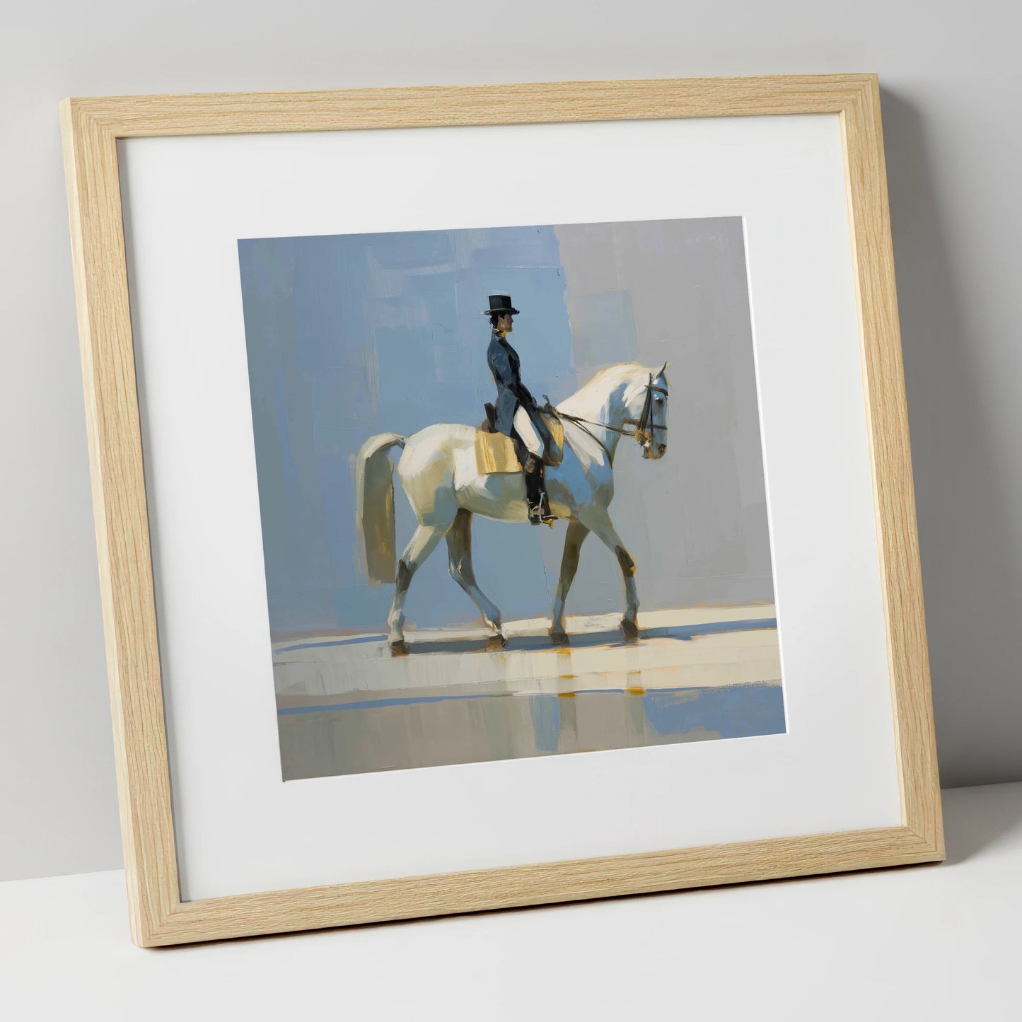 Collected Grace in Blue dressage horse art print in natural frame