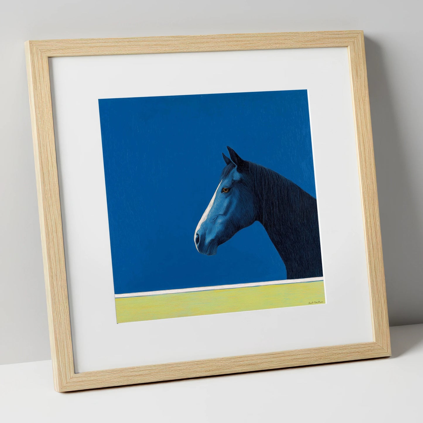 Midnight Blue Blaze horse portrait art print in natural frame