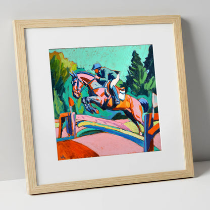 Technicolour Flight show jumping horse art print in natural frame