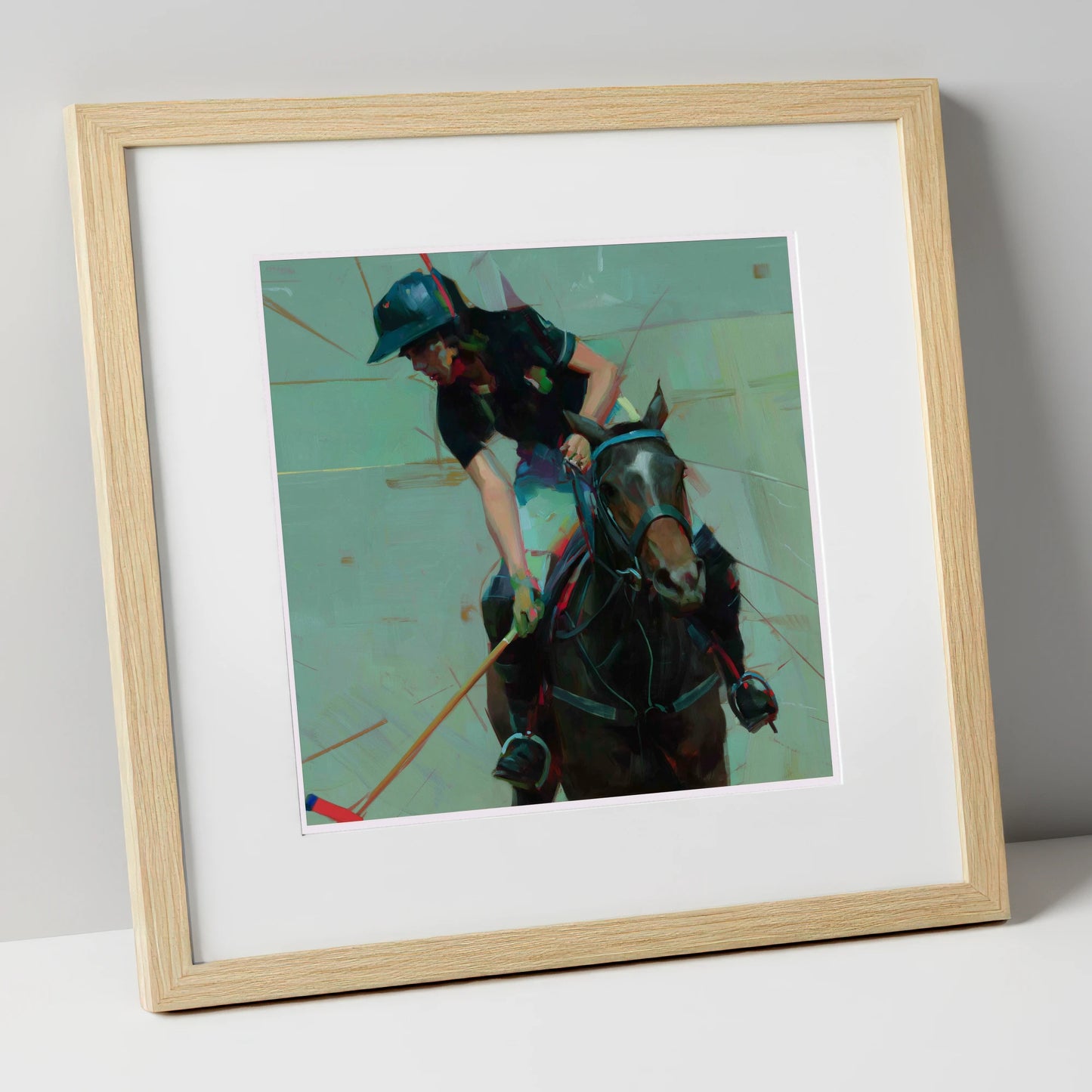Mid-Match Focus polo horse art print in natural frame