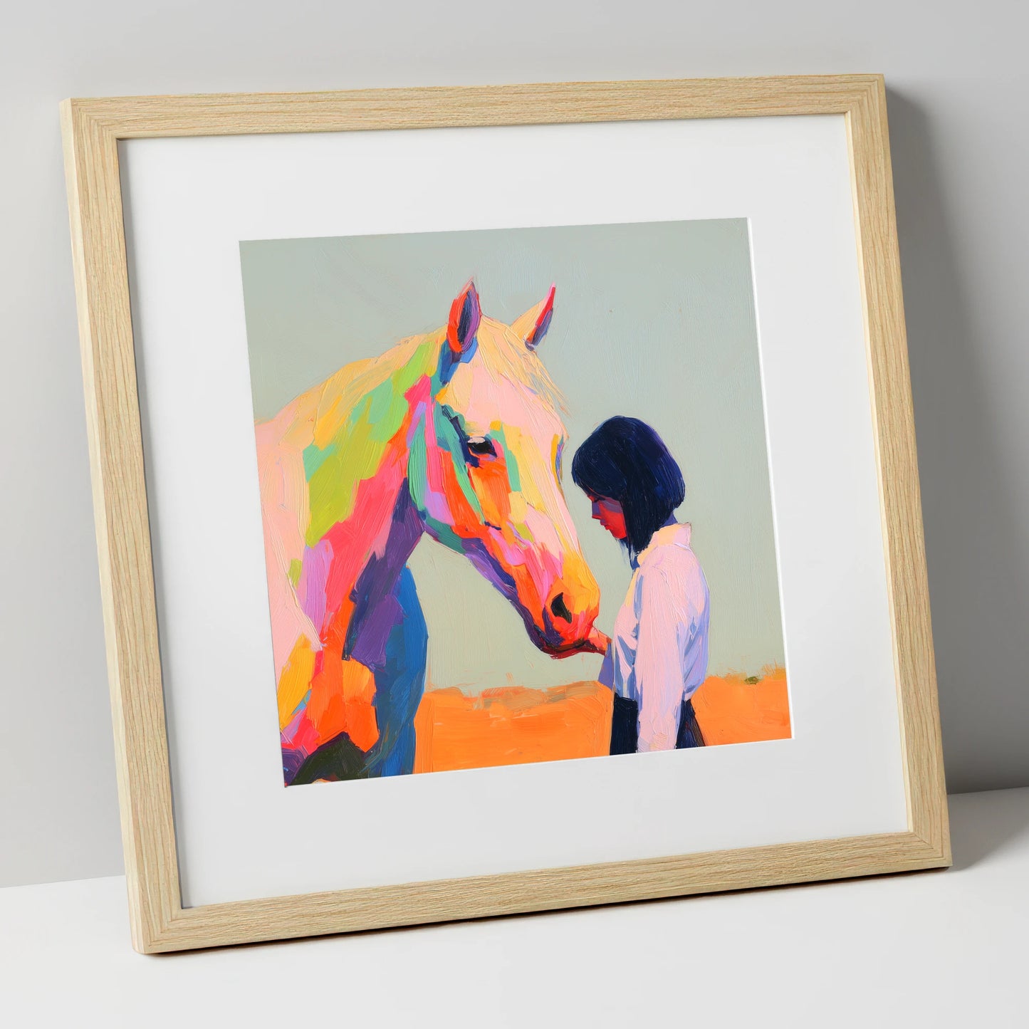 Vivid Connection horse & rider art print in natural frame