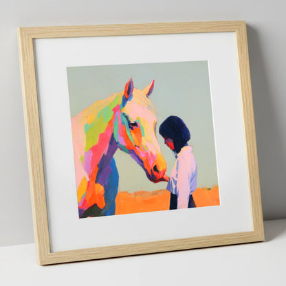 Vivid Connection horse & rider art print in natural frame