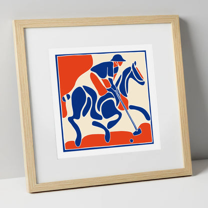 The Decisive Strike polo horse art print in natural frame