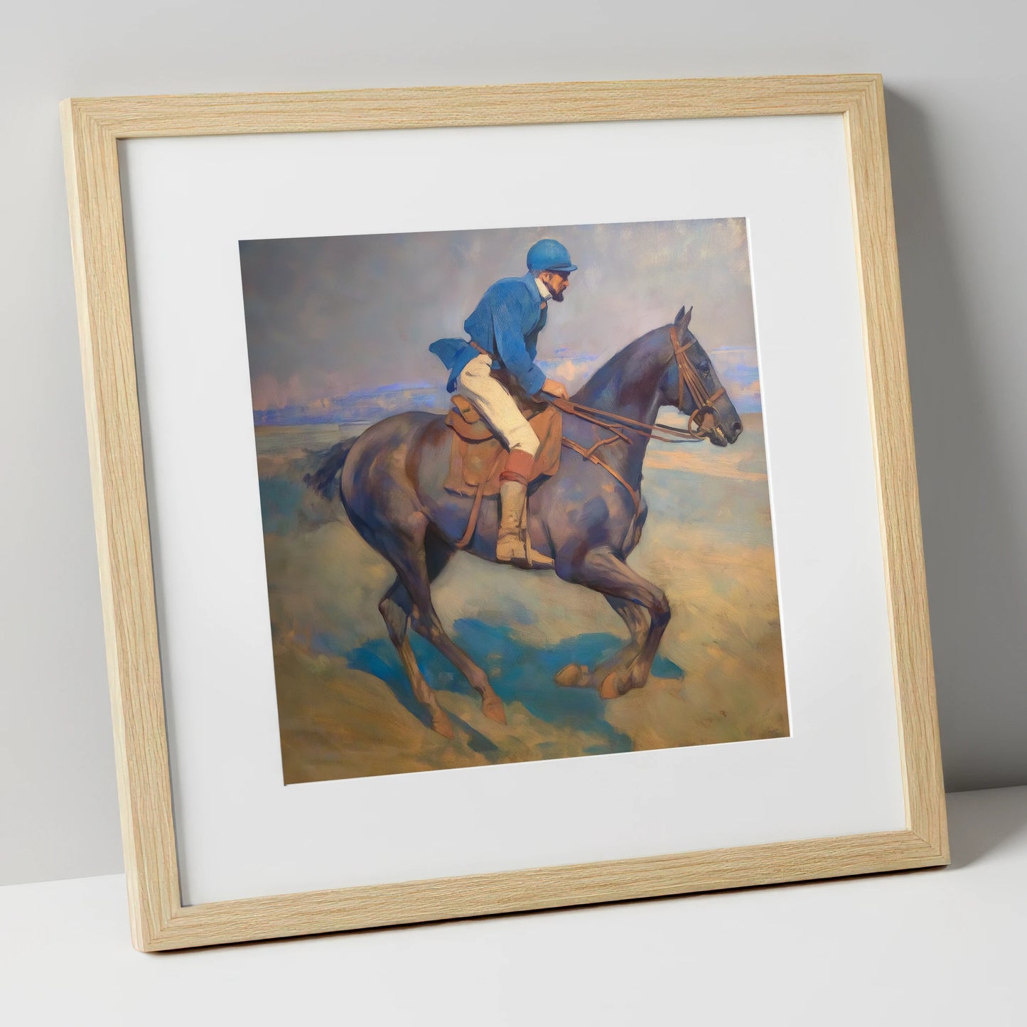 Azure Rhythm at Dawn racing horse art print in natural frame