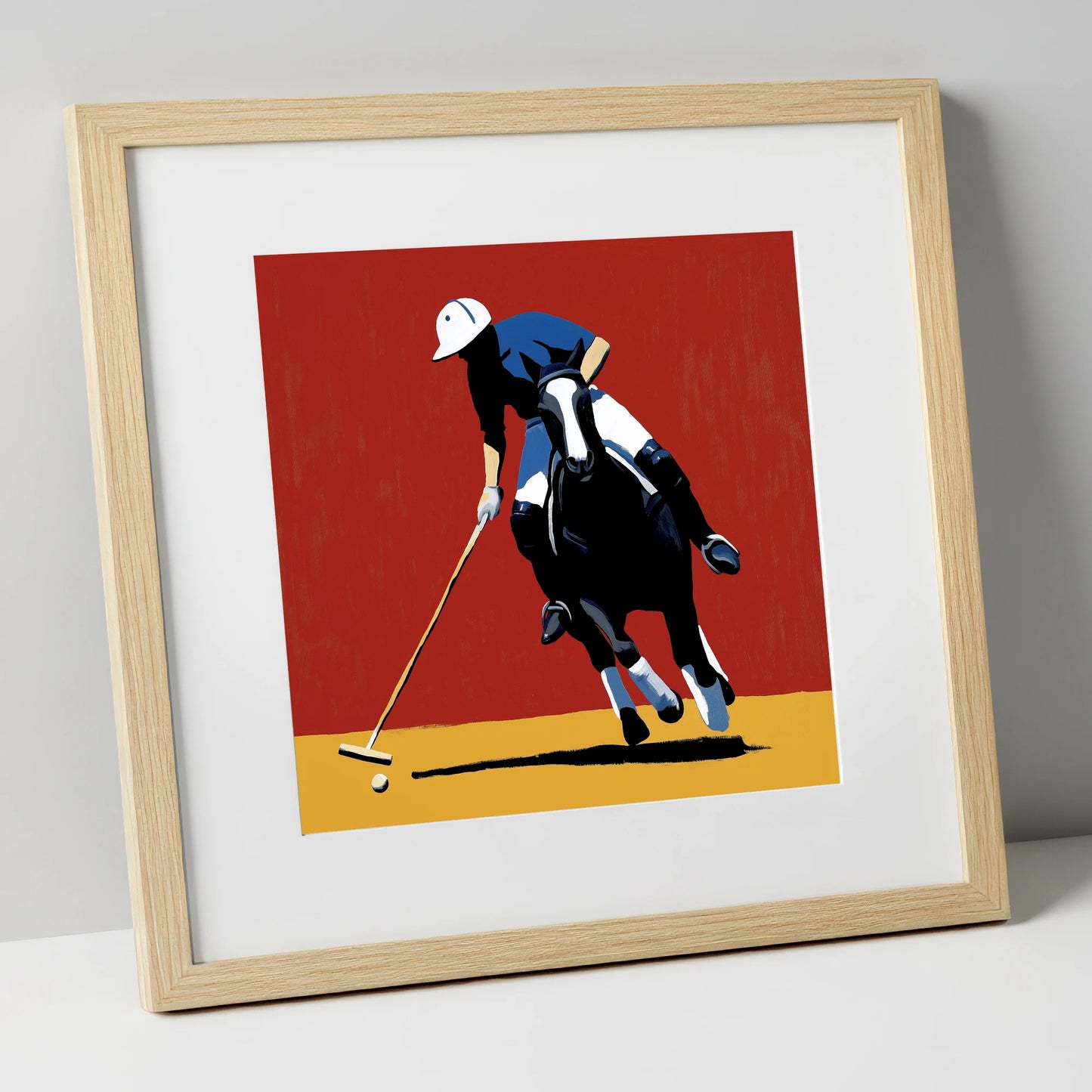 The Scarlet Pursuit polo horse art print in natural frame