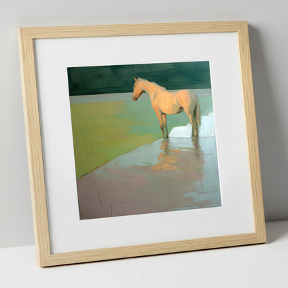 Serene Beach Reflection beach horse art print in natural frame