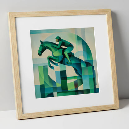 Emerald Ascent show jumping horse art print in natural frame
