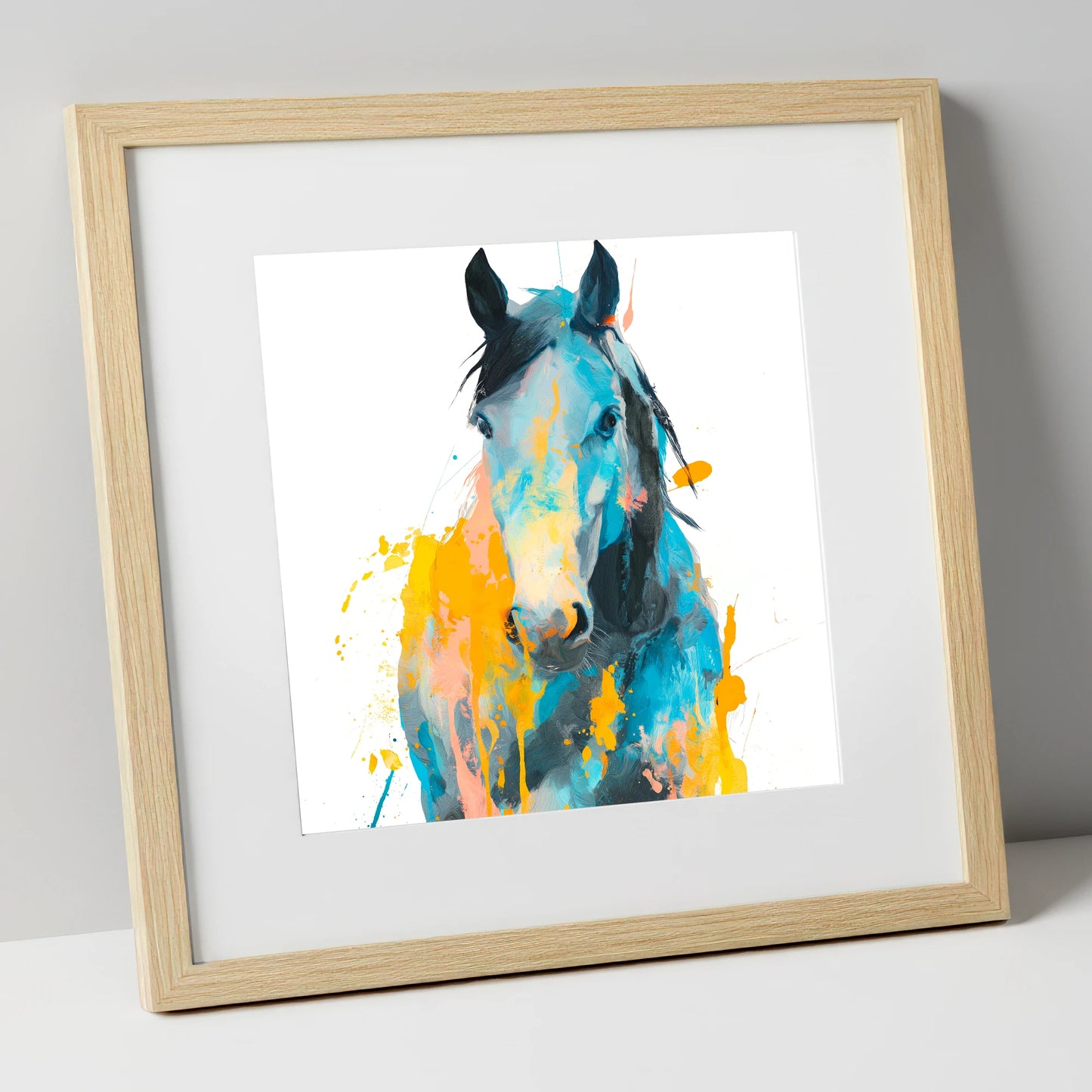 Teal and Amber Gaze horse portrait art print in natural frame