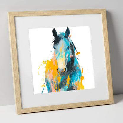 Teal and Amber Gaze horse portrait art print in natural frame