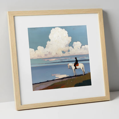 Coastal Contemplation beach horse art print in natural frame