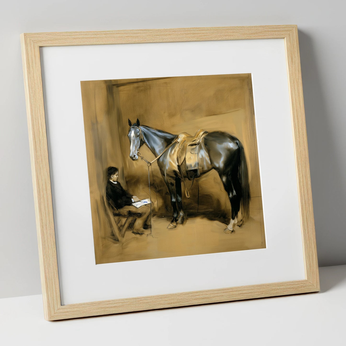 Quiet Stable Companions horse & rider art print in natural frame