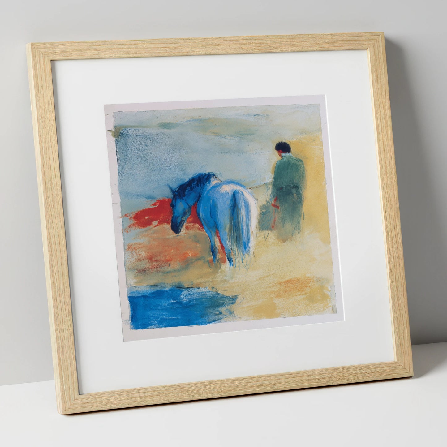 The Cobalt Companion horse & rider art print in natural frame