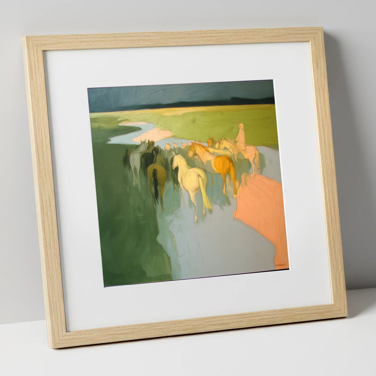 The River Crossing horse landscape art print in natural frame