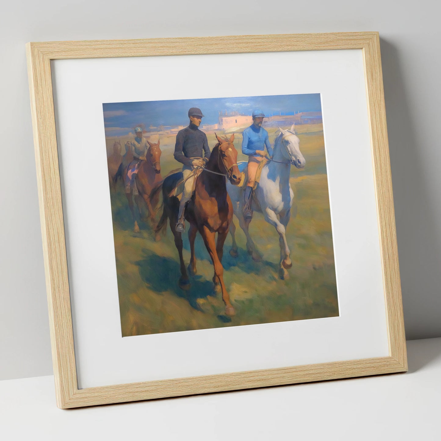 The Dawn String racing horse art print in natural frame