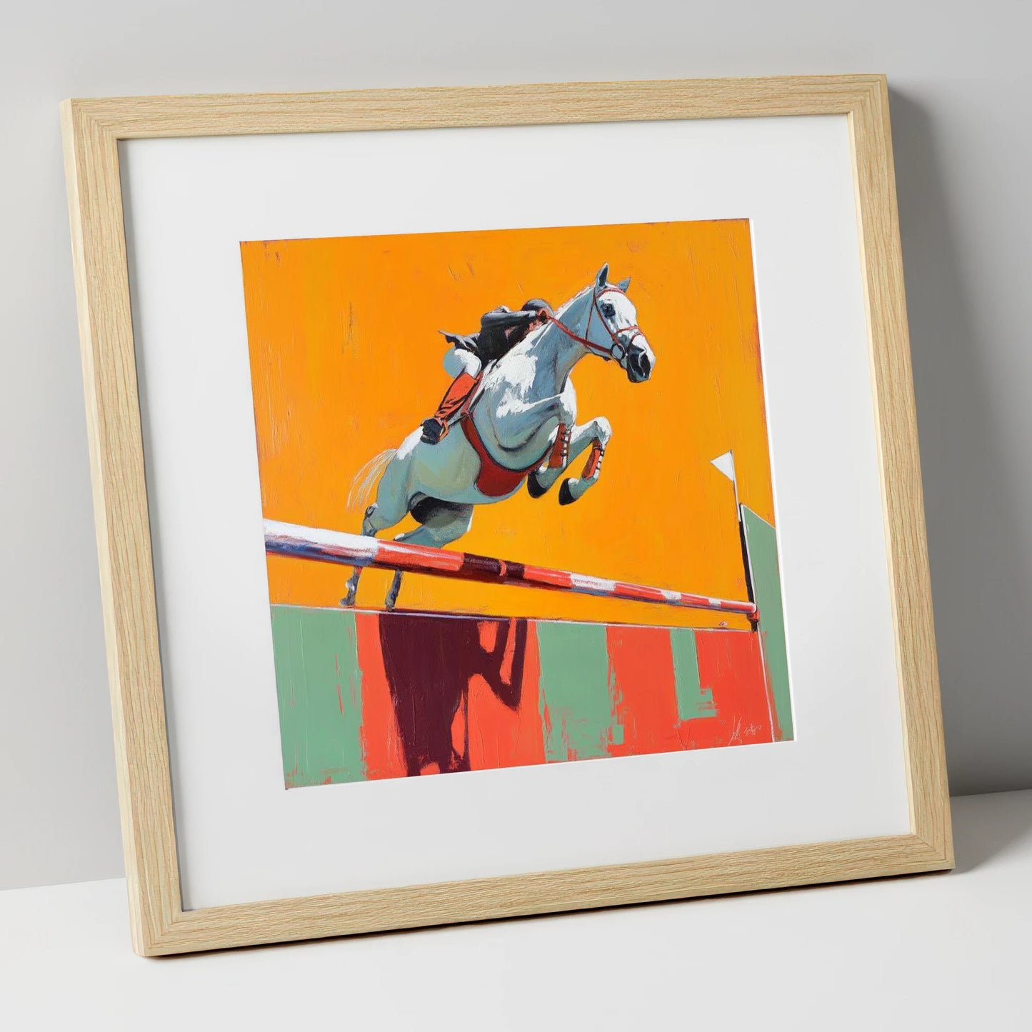 Power In Flight show jumping horse art print in natural frame