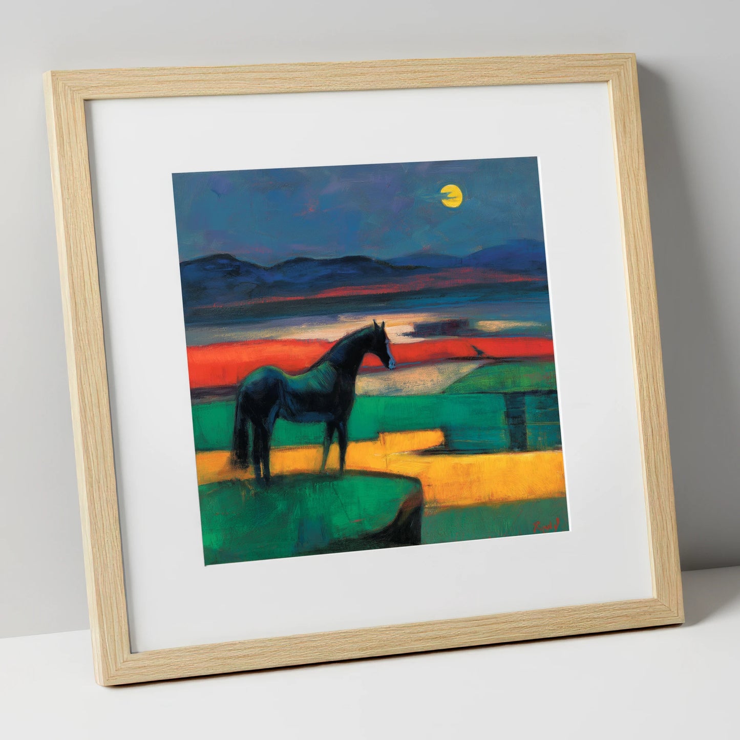 Midnight Solitude horse landscape art print in natural frame