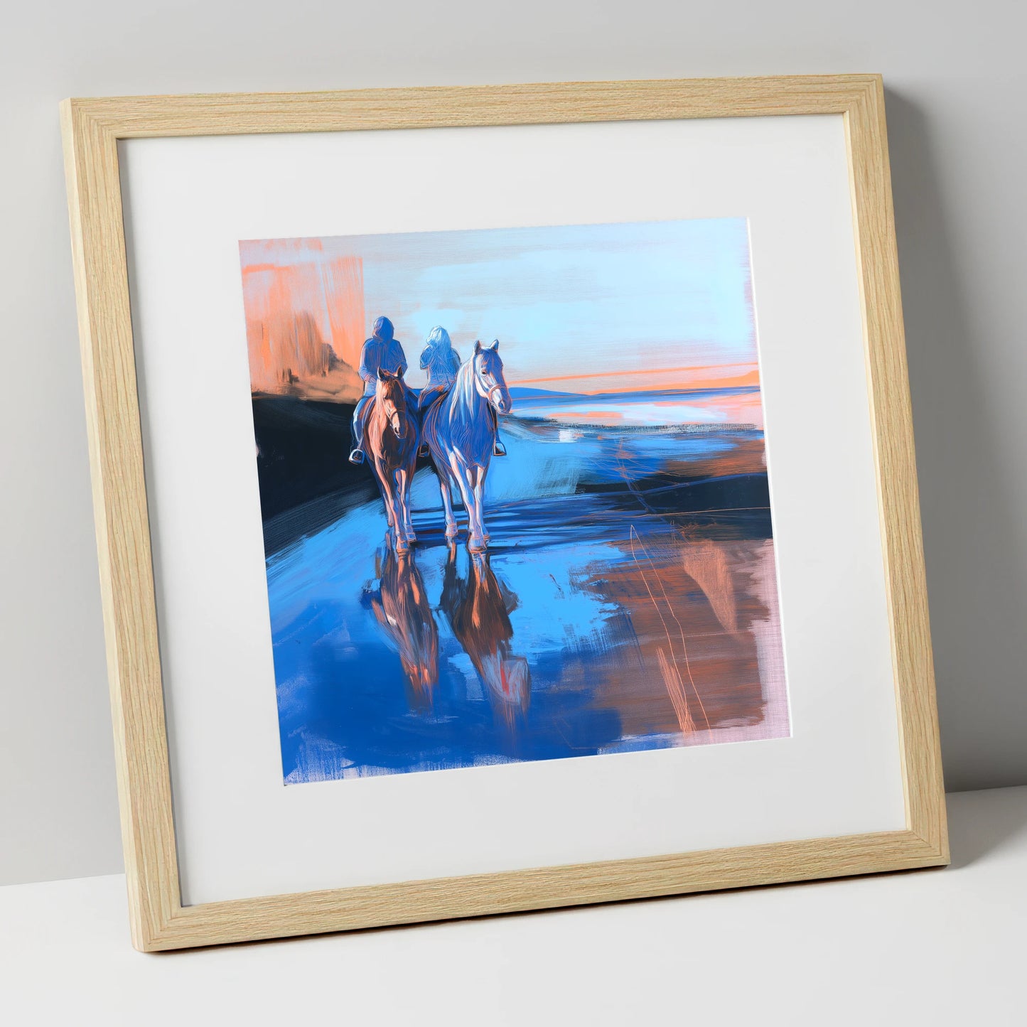 Shoreline Companions horse landscape art print in natural frame
