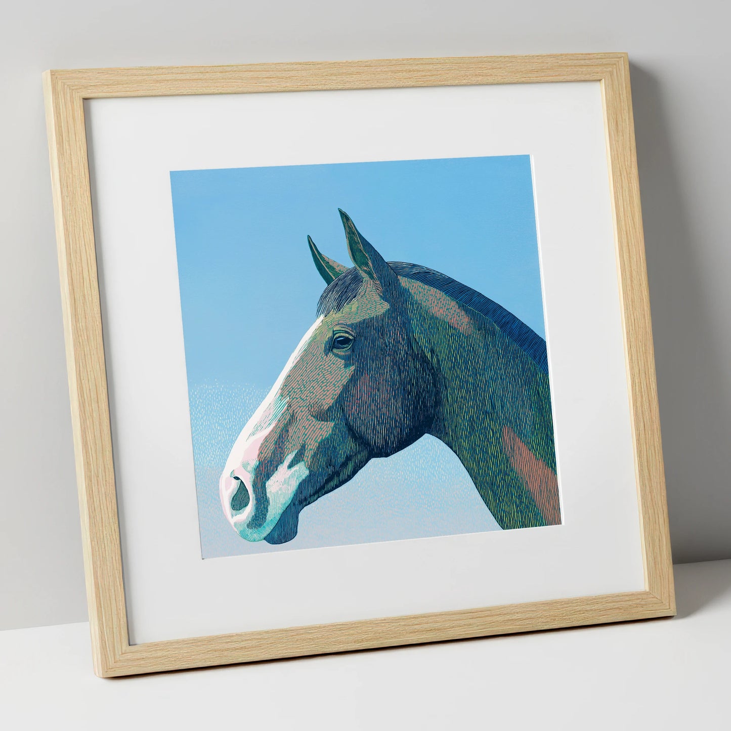 The Azure Profile horse portrait art print in natural frame