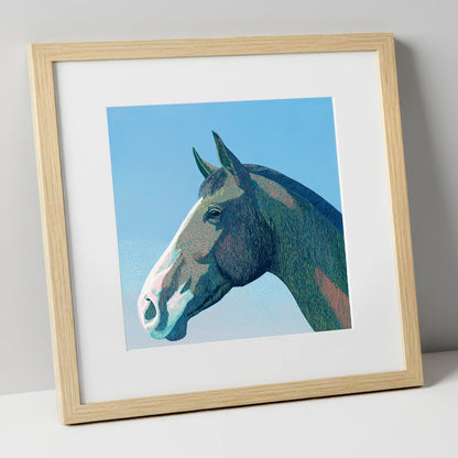 The Azure Profile horse portrait art print in natural frame