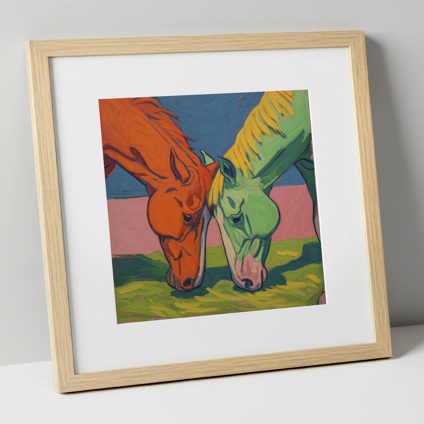 Painted Pasture Companions horse portrait art print in natural frame