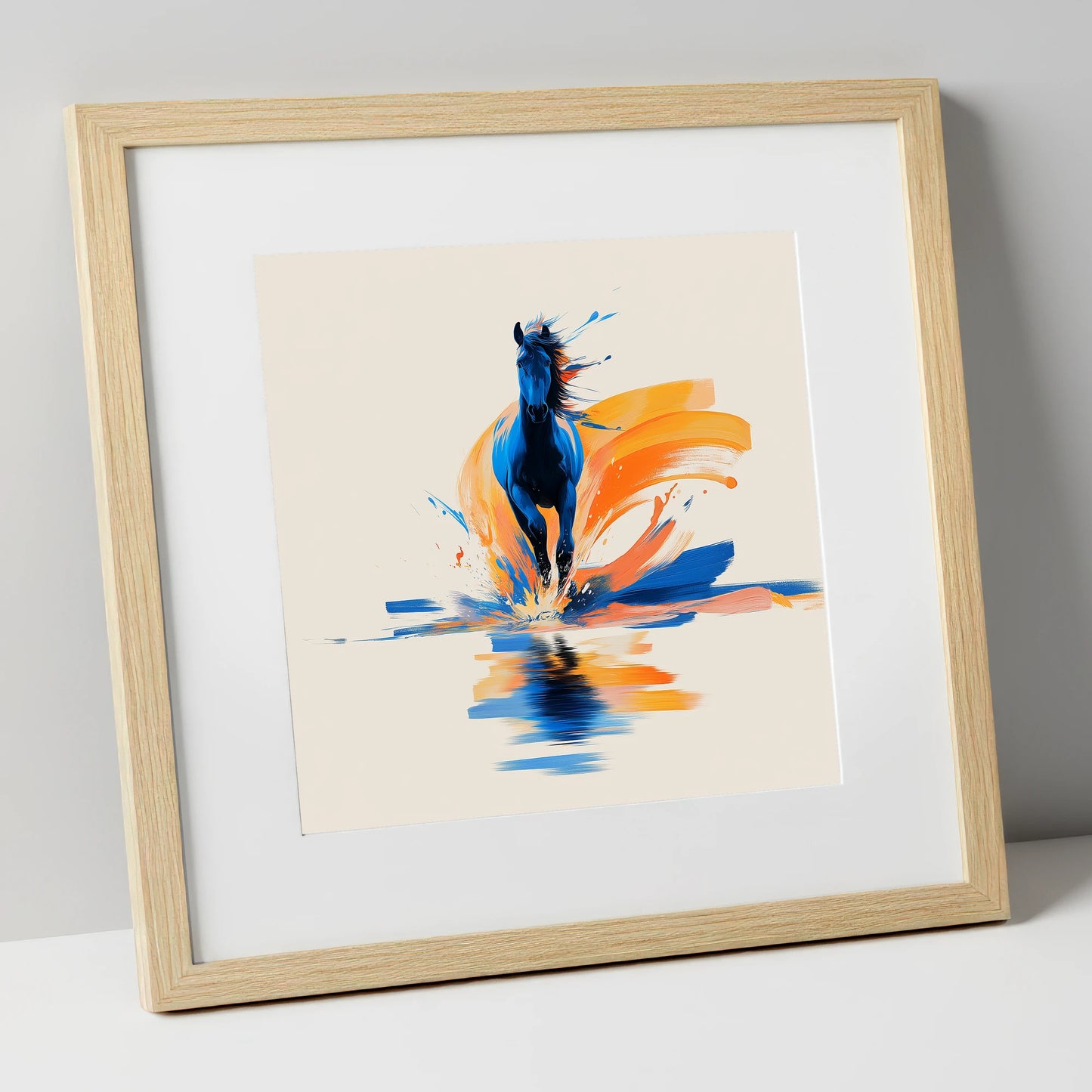 Sapphire Surge wild horses art print in natural frame