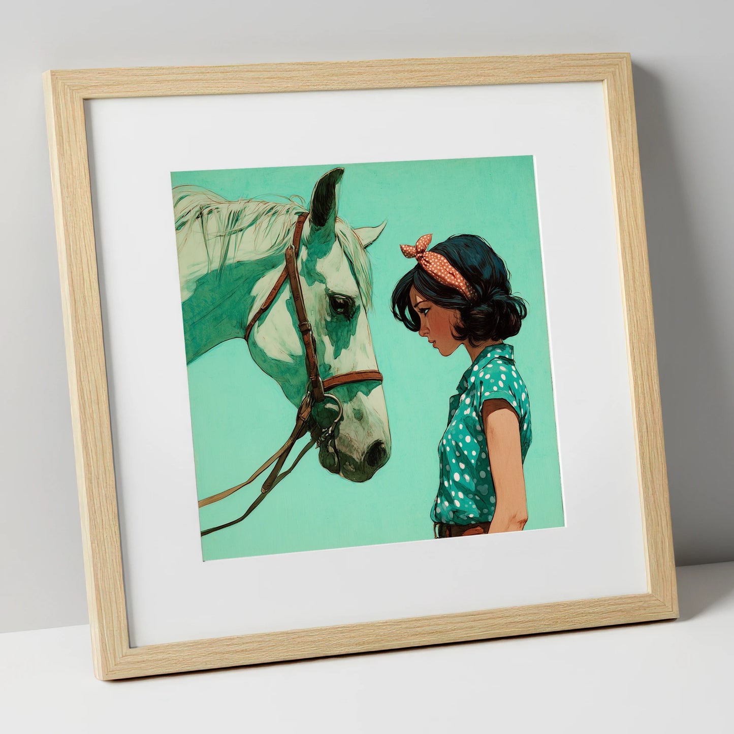 The Quiet Exchange horse & rider art print in natural frame