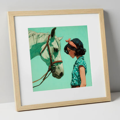 The Quiet Exchange horse & rider art print in natural frame