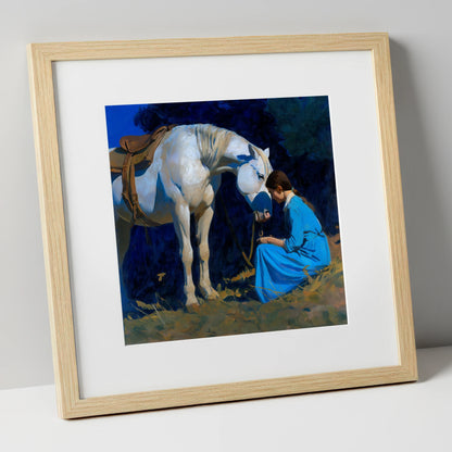 Bond in Blue and Gold horse & rider art print in natural frame