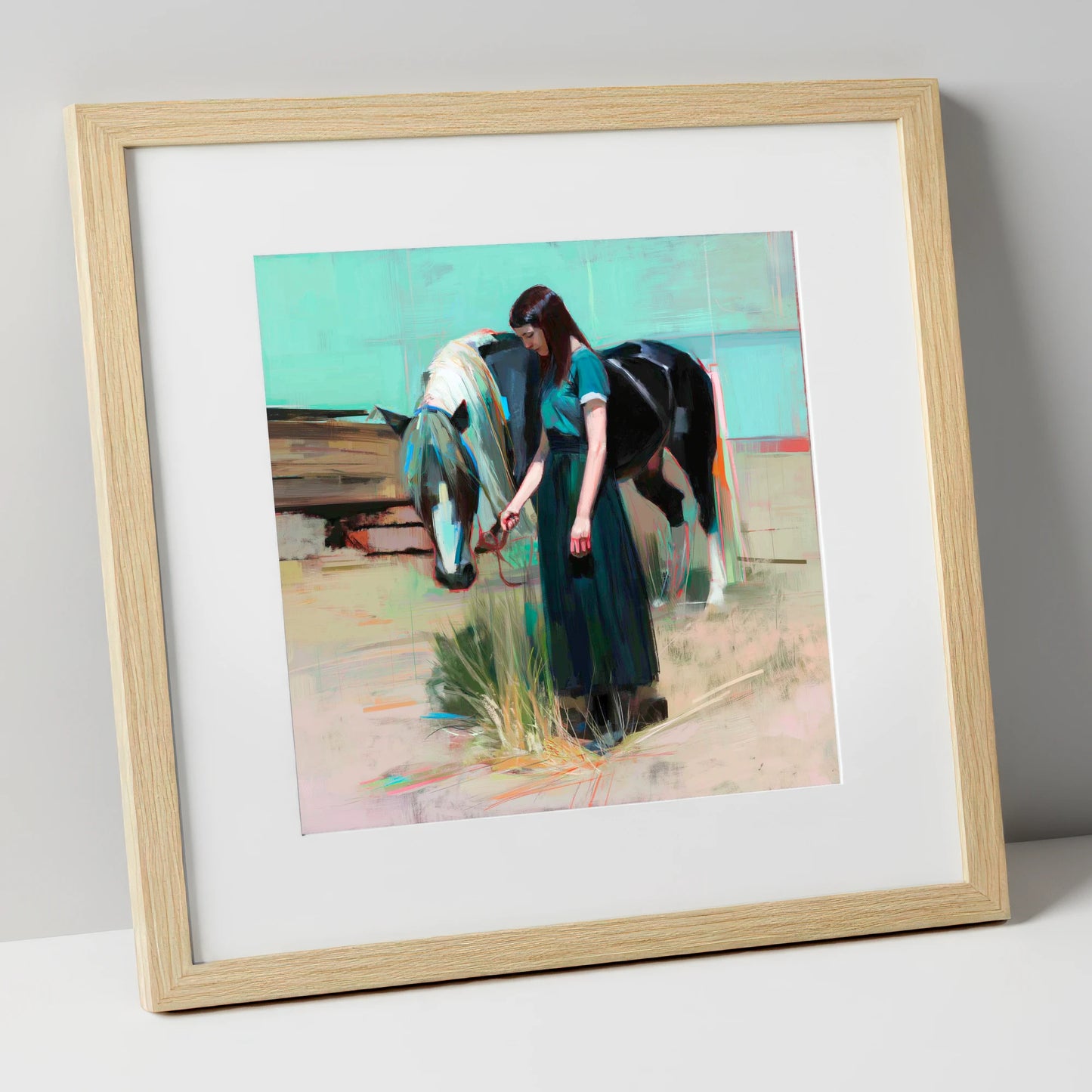 Stillness in Teal horse & rider art print in natural frame