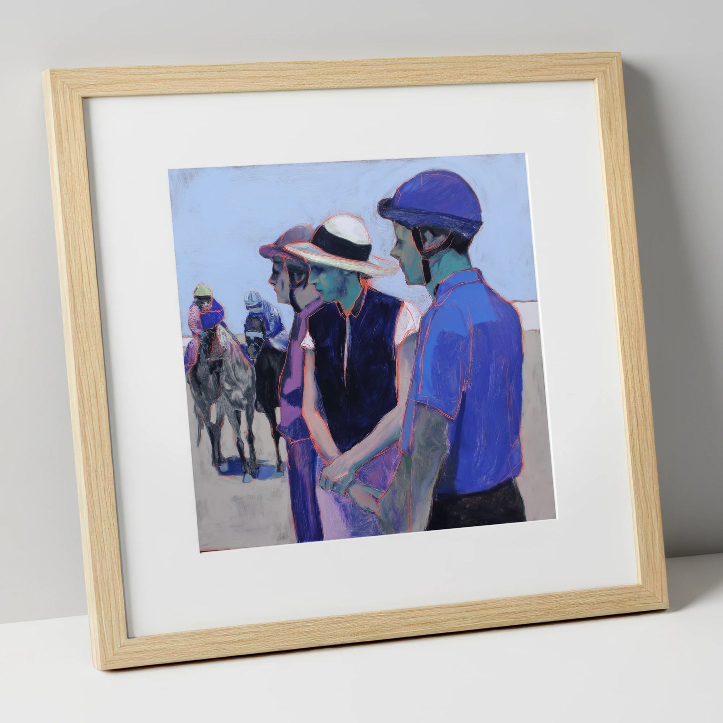 The Paddock Watch racing horse art print in natural frame