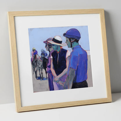 The Paddock Watch racing horse art print in natural frame