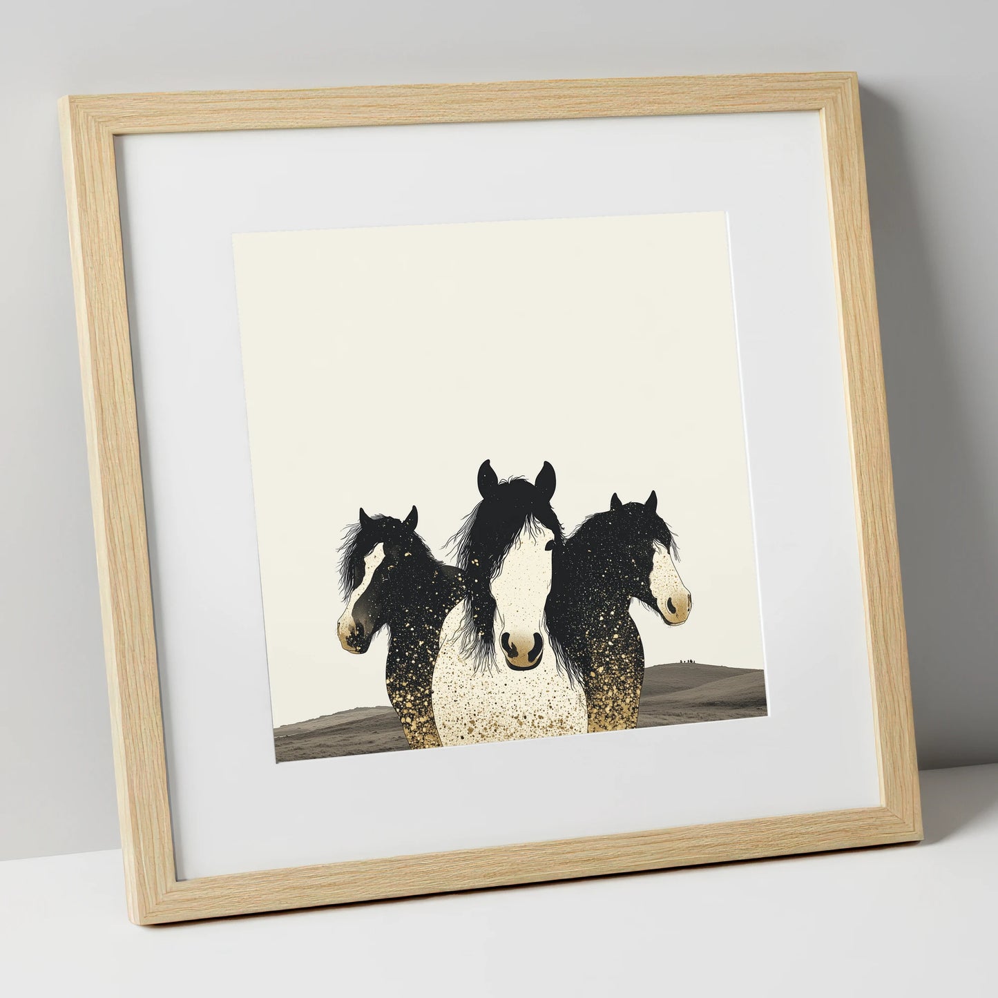 Gilded Companions horse landscape art print in natural frame