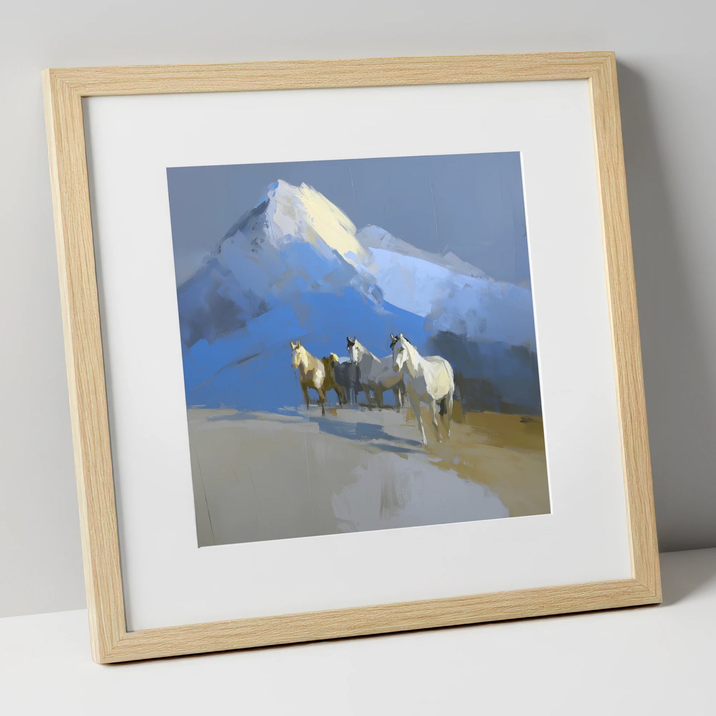 Sunlit Alpine Herd horse landscape art print in natural frame