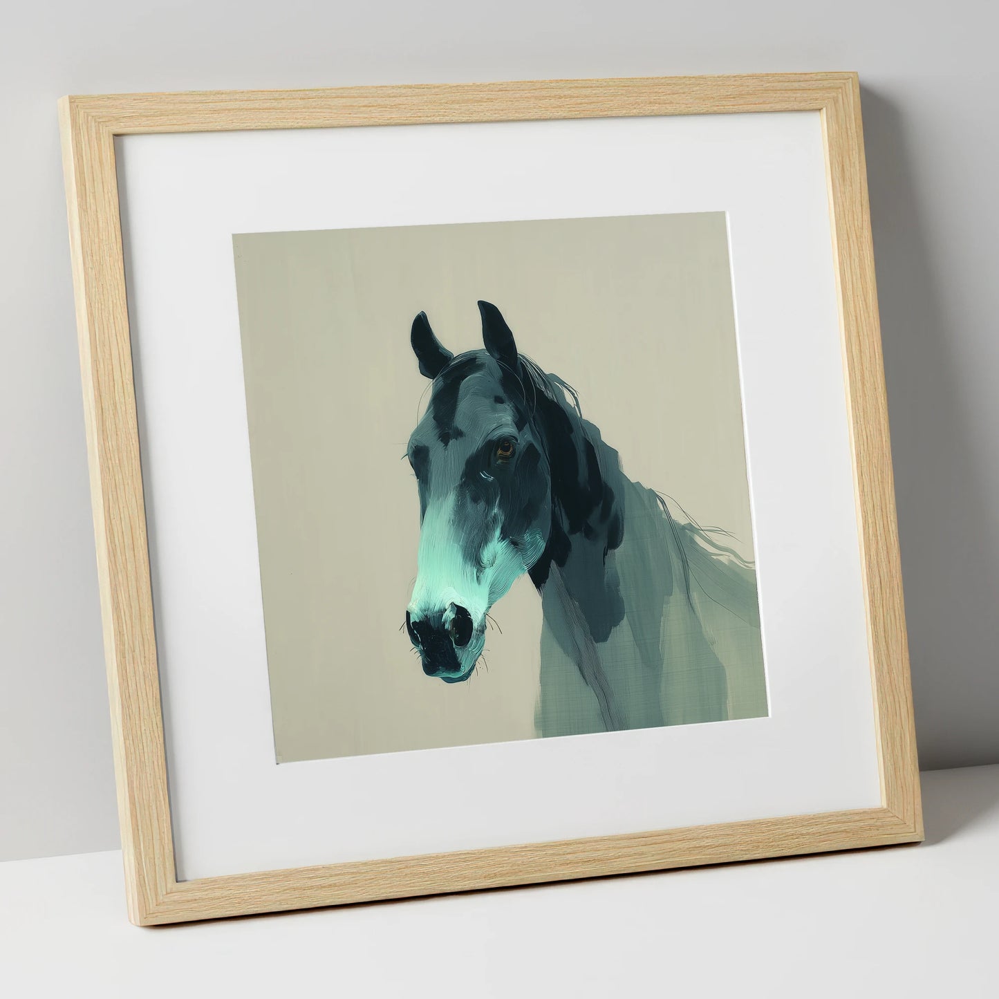 Contemporary Teal Equine horse portrait art print in natural frame