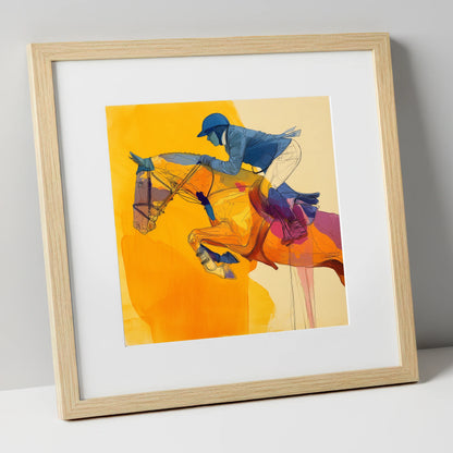 Vivid Golden Ascent show jumping horse art print in natural frame