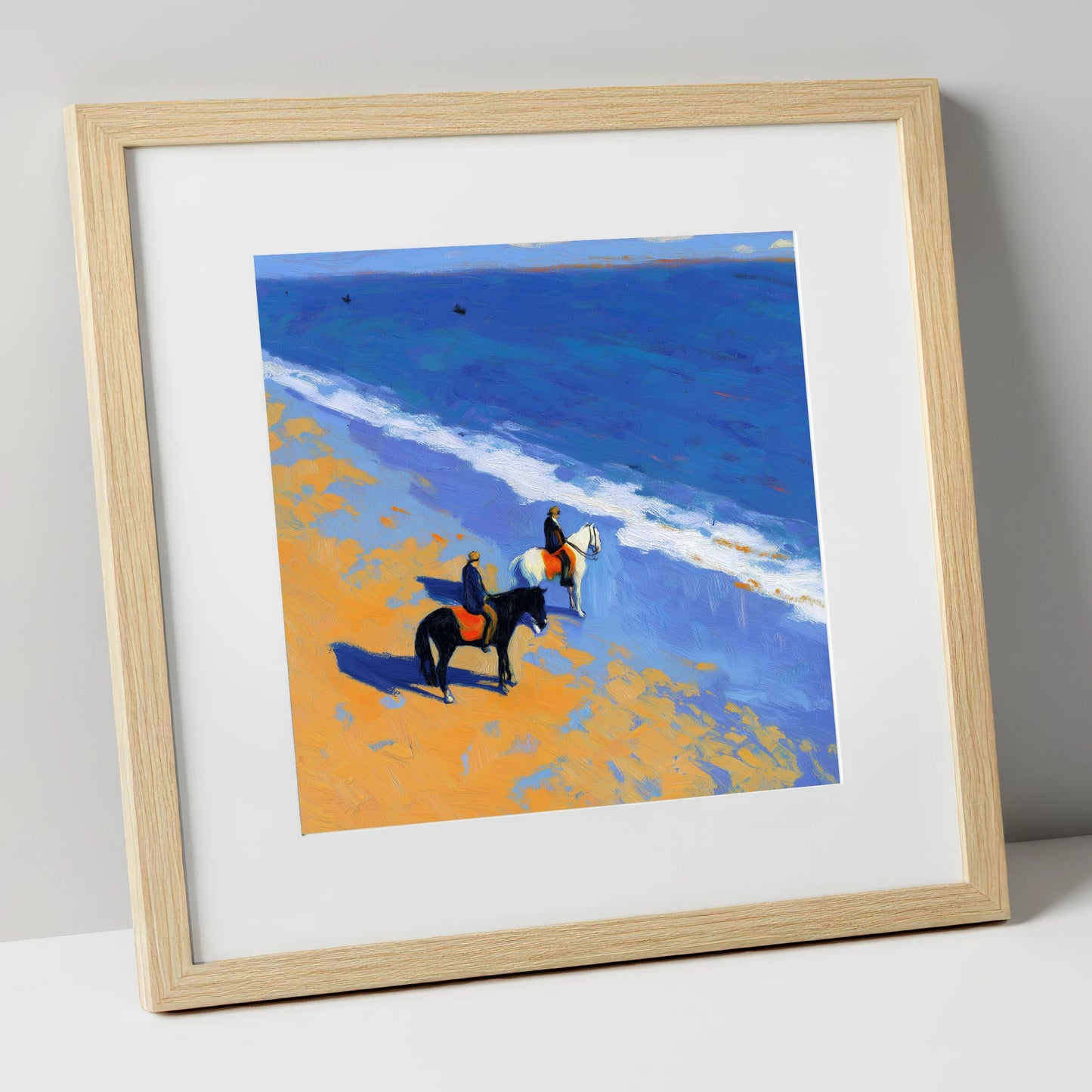 Sunlit Coastal Hack horse landscape art print in natural frame
