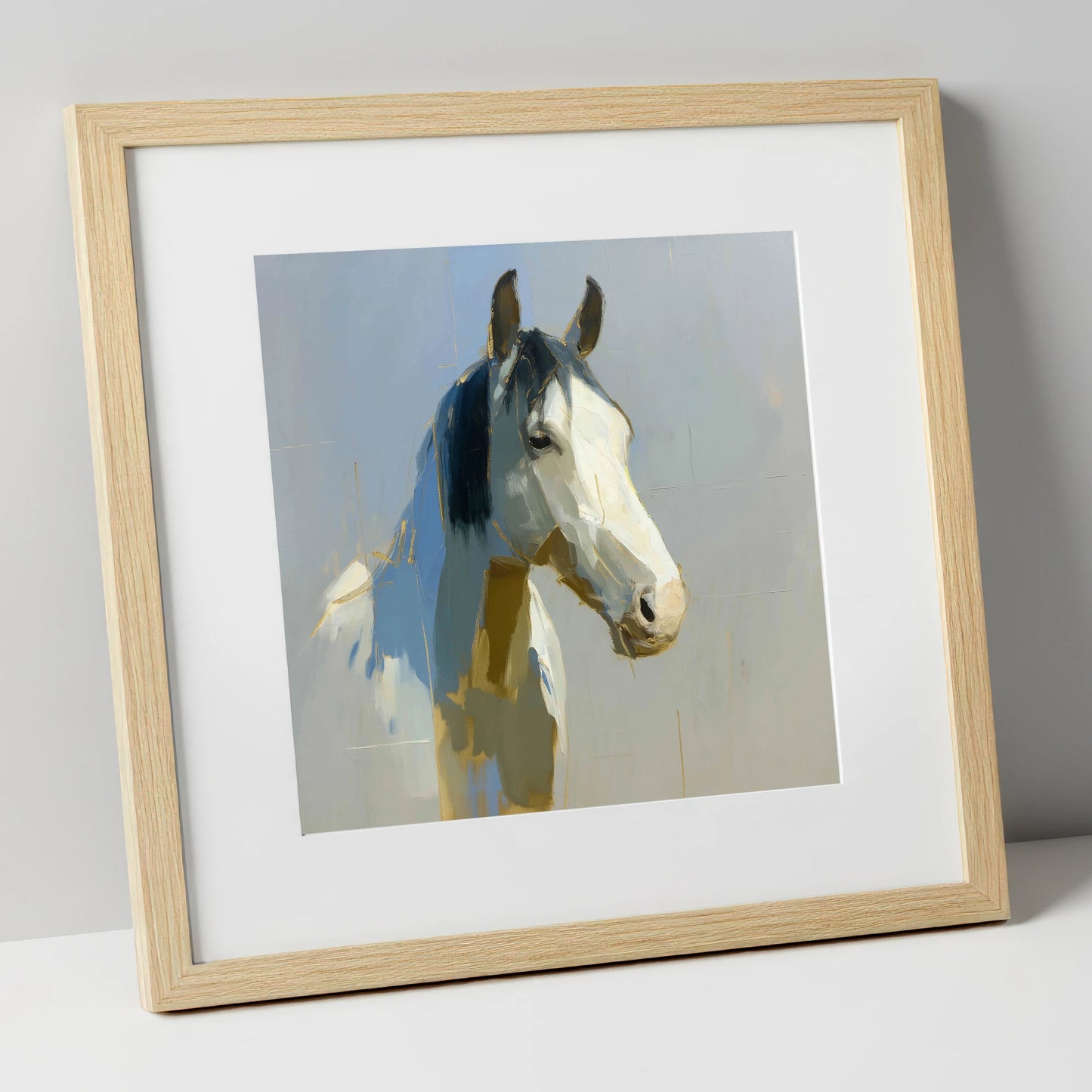 Luminous Morning Watch horse portrait art print in natural frame