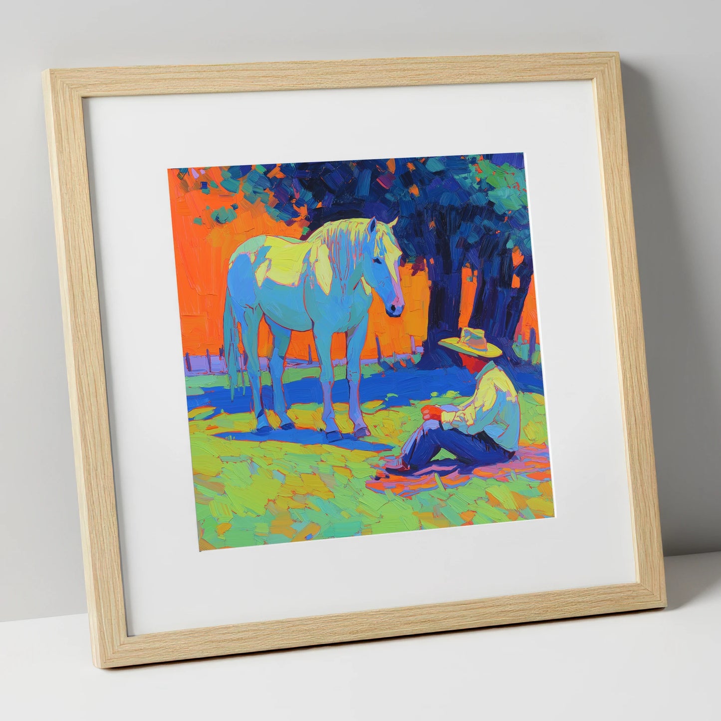 Vibrant Sunset Companion horse & rider art print in natural frame