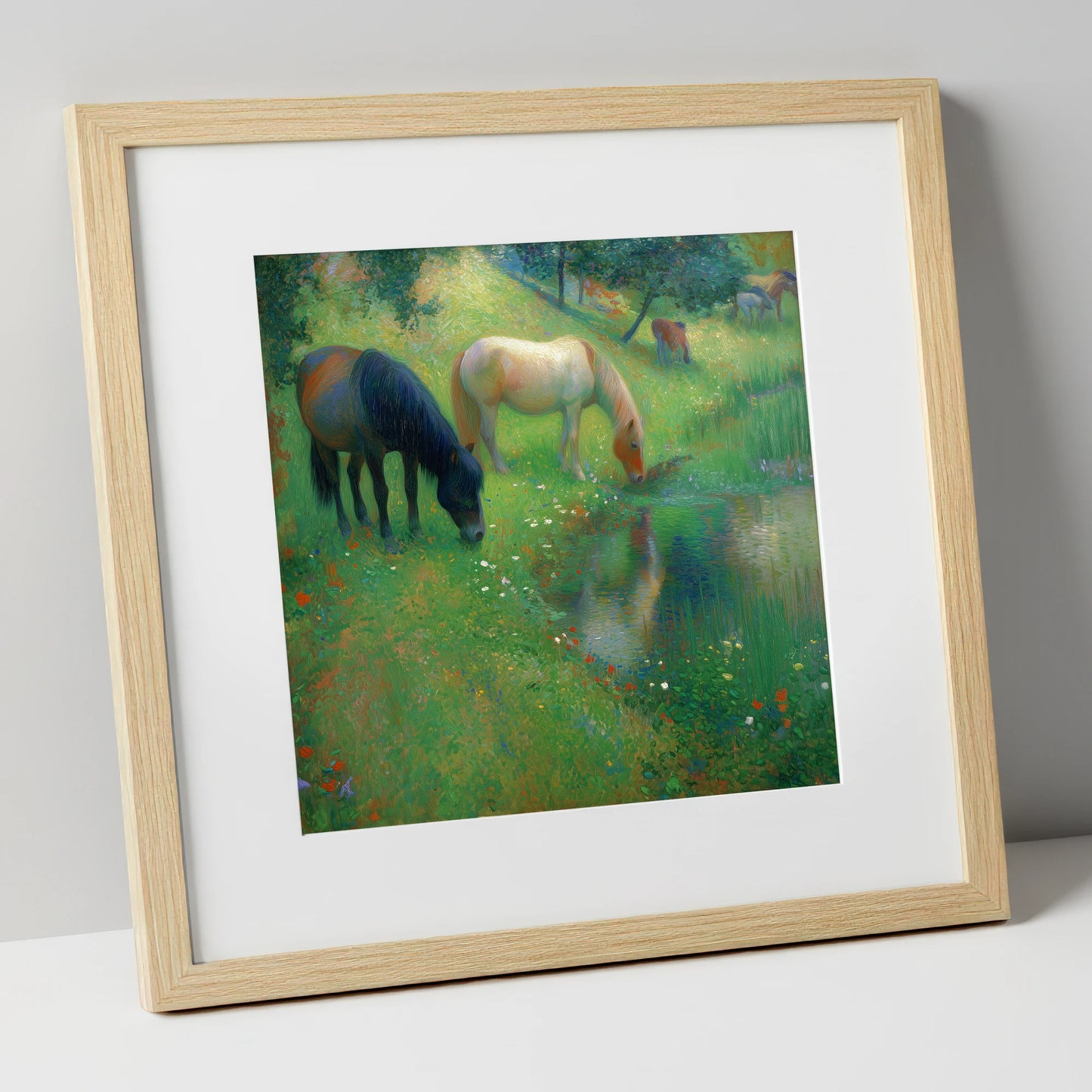 Tranquil Water Meadow horse landscape art print in natural frame